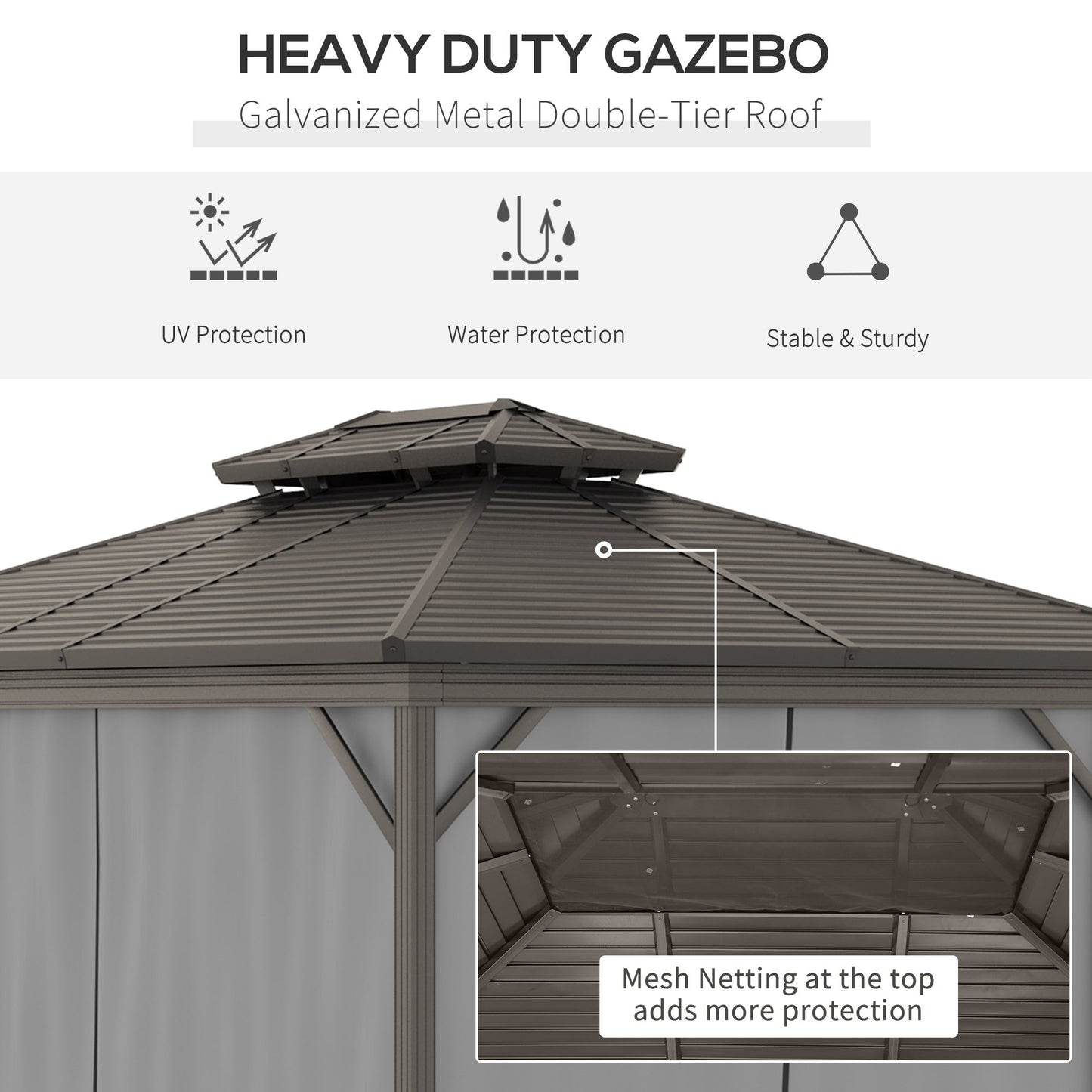 10'x12' Hardtop Aluminum Gazebo Garden Sun Shelter with Mosquito Netting and Curtains Hanging Hook, Black