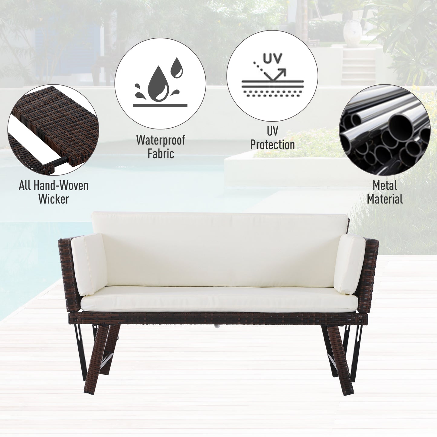 Convertible Rattan Sofa Bed Chaise Lounge Wicker Loveseat Armchair Double Seat with Cushion All Weather Patio Furniture Brown