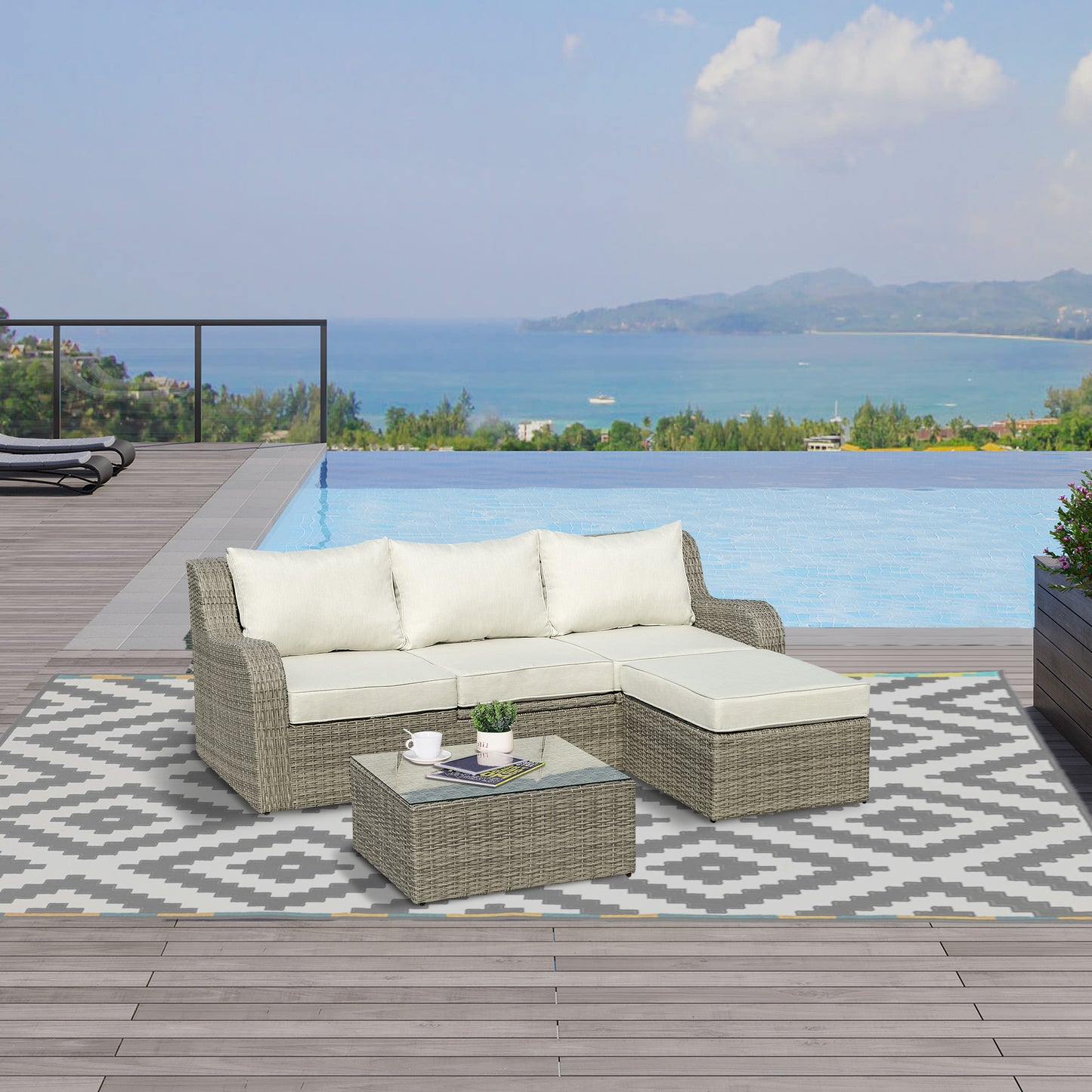 3 Pieces Wicker Patio Furniture Set with Liftable Middle Table, Aluminum Frame Full Assemblied Outdoor Sectional Conversation Sofa Set with 4" Thick Padded Cushions, Beige