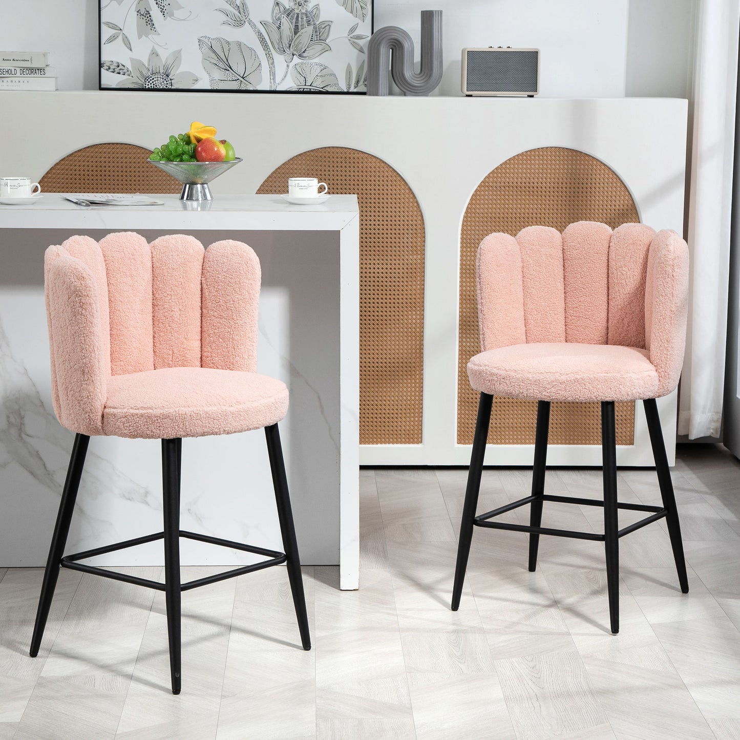 Faux Cashmere Bar Stools Set of 2 Counter Height Bar Stools with Back for Home Kitchen, 20.5"x19.7"x36.6", Pink