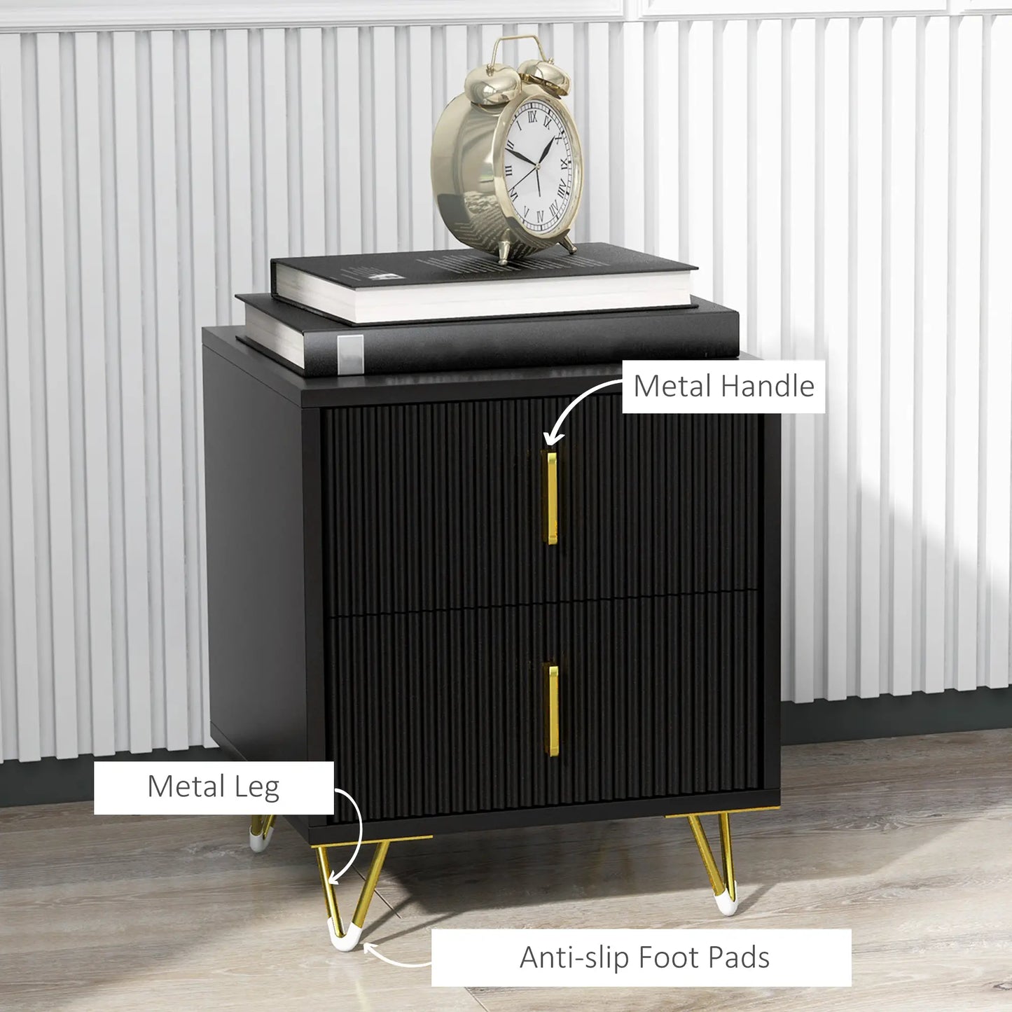 Modern Nightstand or End Table with 2 Drawers, Side End Table with Metal Legs for Living Room or Bedroom, Black