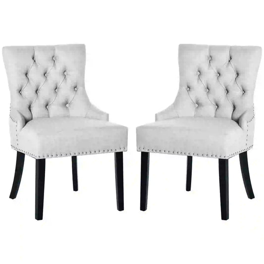 Button-Tufted Dining Chair, Fabric Upholstered with Nailed Trim & Wood Legs , Set of 2, Light Grey