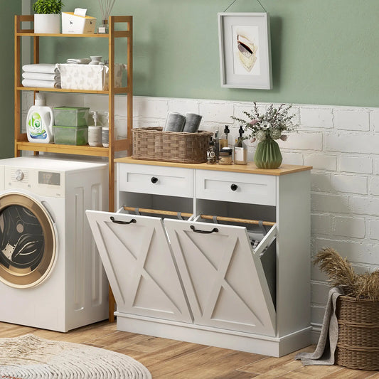 Tilt Out Laundry Cabinet, Bathroom Storage Cabinet with 2 Removable Baskets and 2 Drawers, White