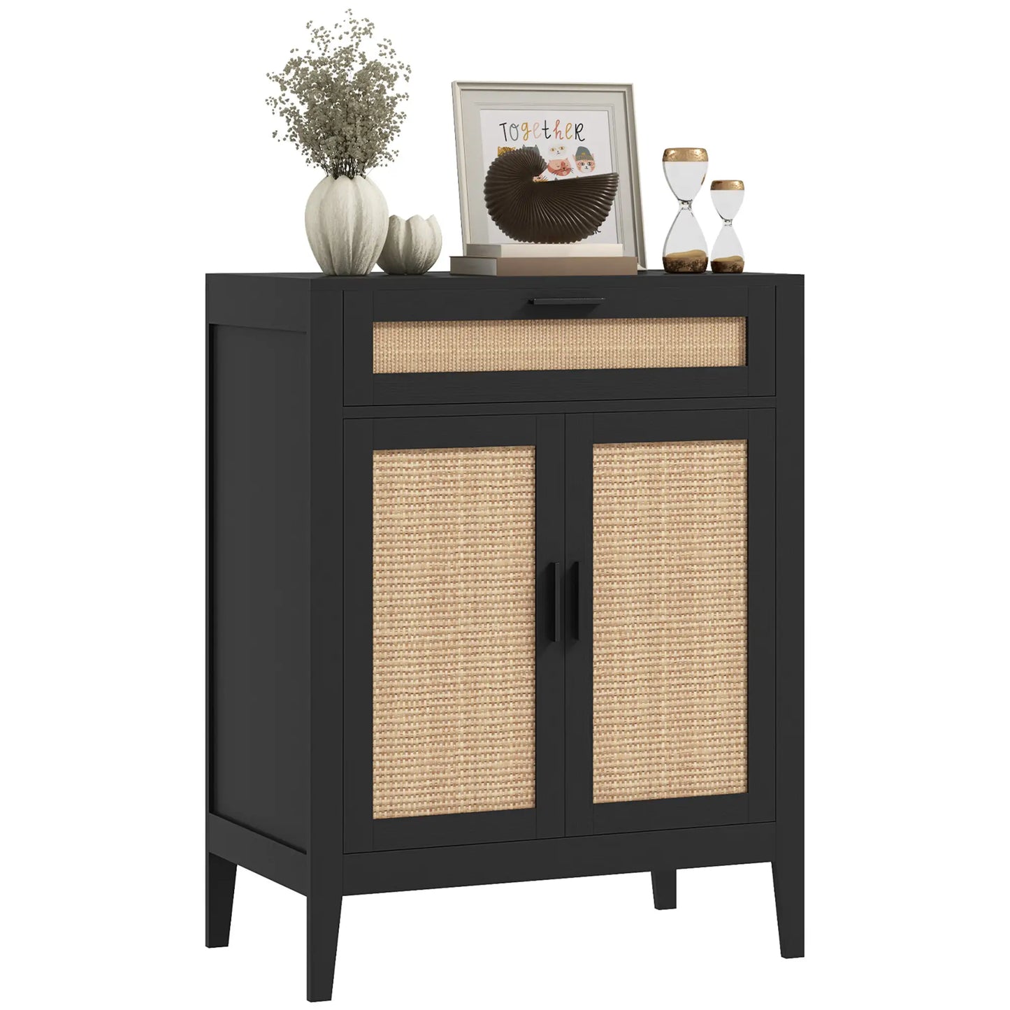 Boho Storage Entryway Cabinet with 2 Rattan Decorated Doors and Drawer for storage, Black