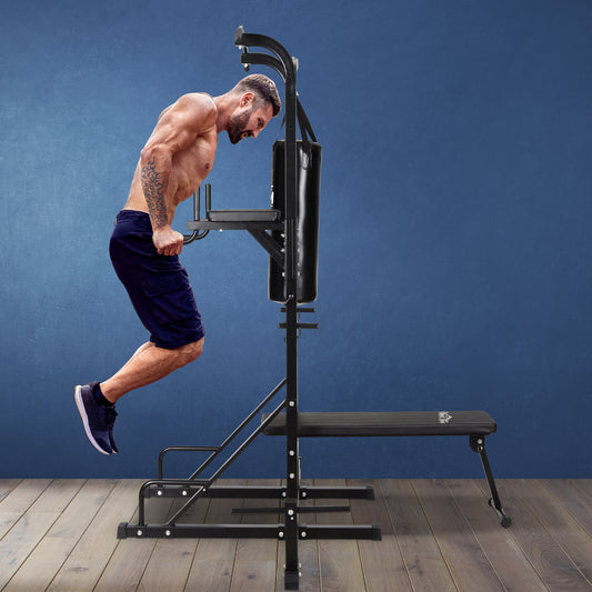 86" Power Tower Full Body Home Gym Fitness Station with Punching Bag Adjustable Sit Up Bench