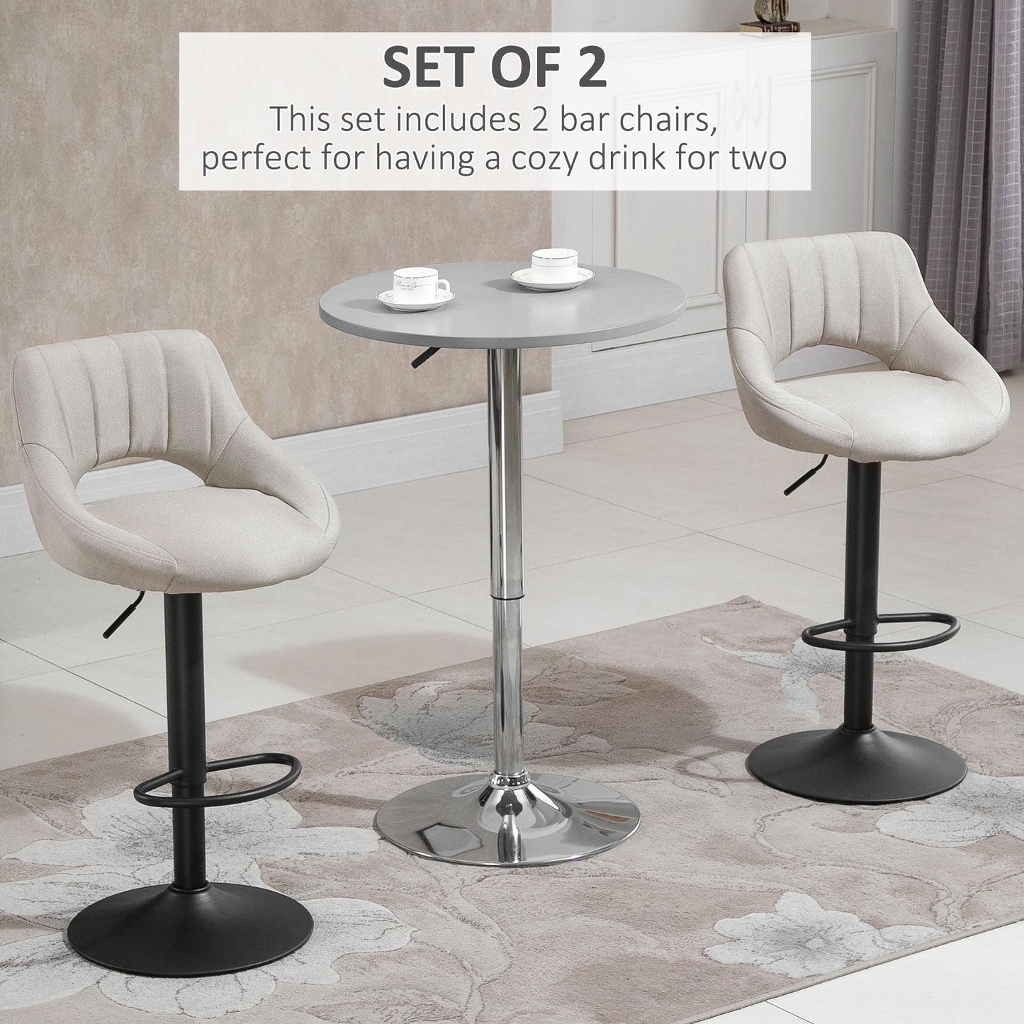 Bar Stools Set of 2, Swivel Counter Height Barstools with Adjustable Height, Linen Upholstered Bar Chairs with Round Metal Base and Footrest, Cream