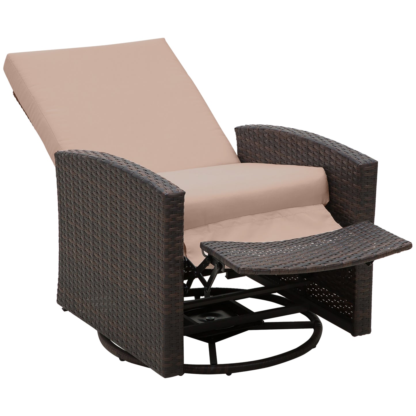 Outdoor Recliner Chair Rattan Swivel Chair, Wicker Sofa with Footrest & Soft Cushion, Khaki & Brown