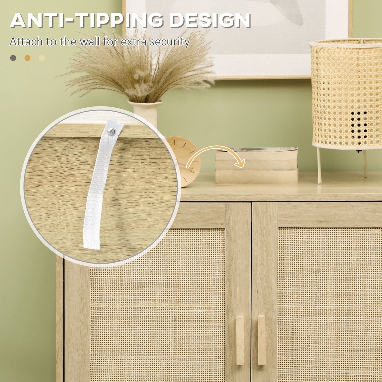 Sideboard Accent Storage Cabinet with 2 Rattan Doors Adjustable Shelf and Steel Legs for Living Room Kitchen