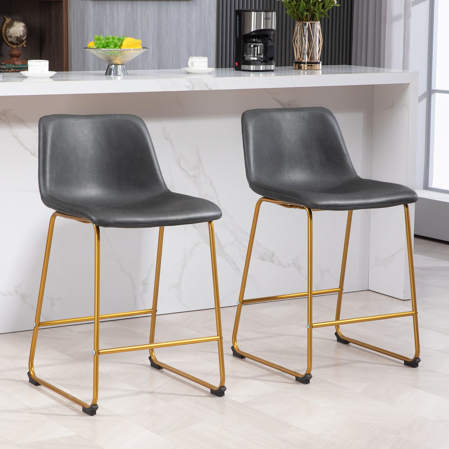 Counter Height Stools Set of 2, PU Leather Upholstered Stools for Kitchen Island, Modern Bar Chairs, Dark Grey