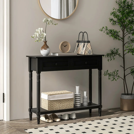 Modern Entryway Table with 2 Drawers, Storage Shelf and Turned Legs in Black