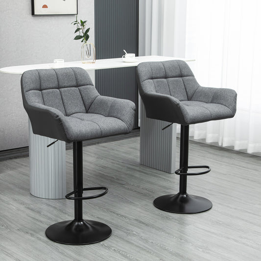 Modern Adjustable Bar Stools Set of 2, Swivel Tufted Fabric Barstools with Footrest, Armrests and PU Leather Back, for Kitchen Counter and Dining Room, Grey