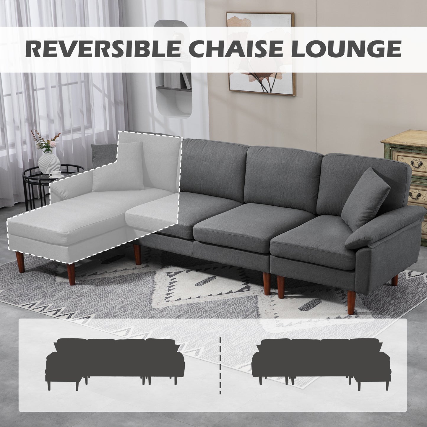 L-Shape Sofa, Modern Sectional Couch with Reversible Chaise Lounge, Pillows and Wooden Legs for Living Room, Dark Grey