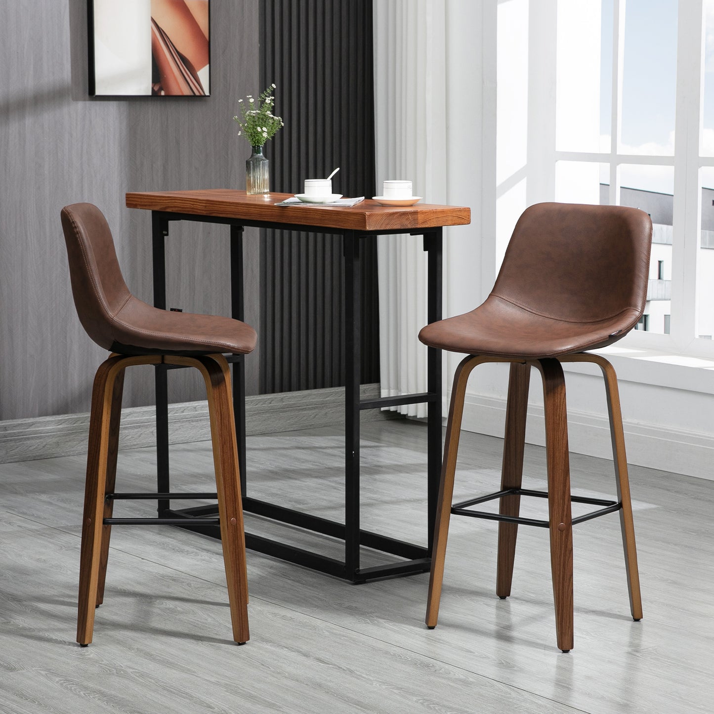 Counter Height Bar stools Set of 2 Mid-Back PU Leather Bar Chairs with Wood Legs, Brown