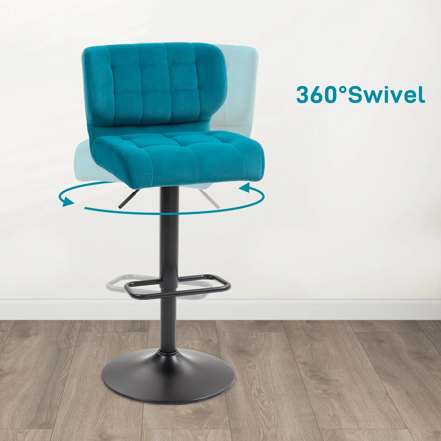 Swivel Tufted Velvet-feel Fabric Barstools Set of 2, Height Adjustable with Footrest Blue