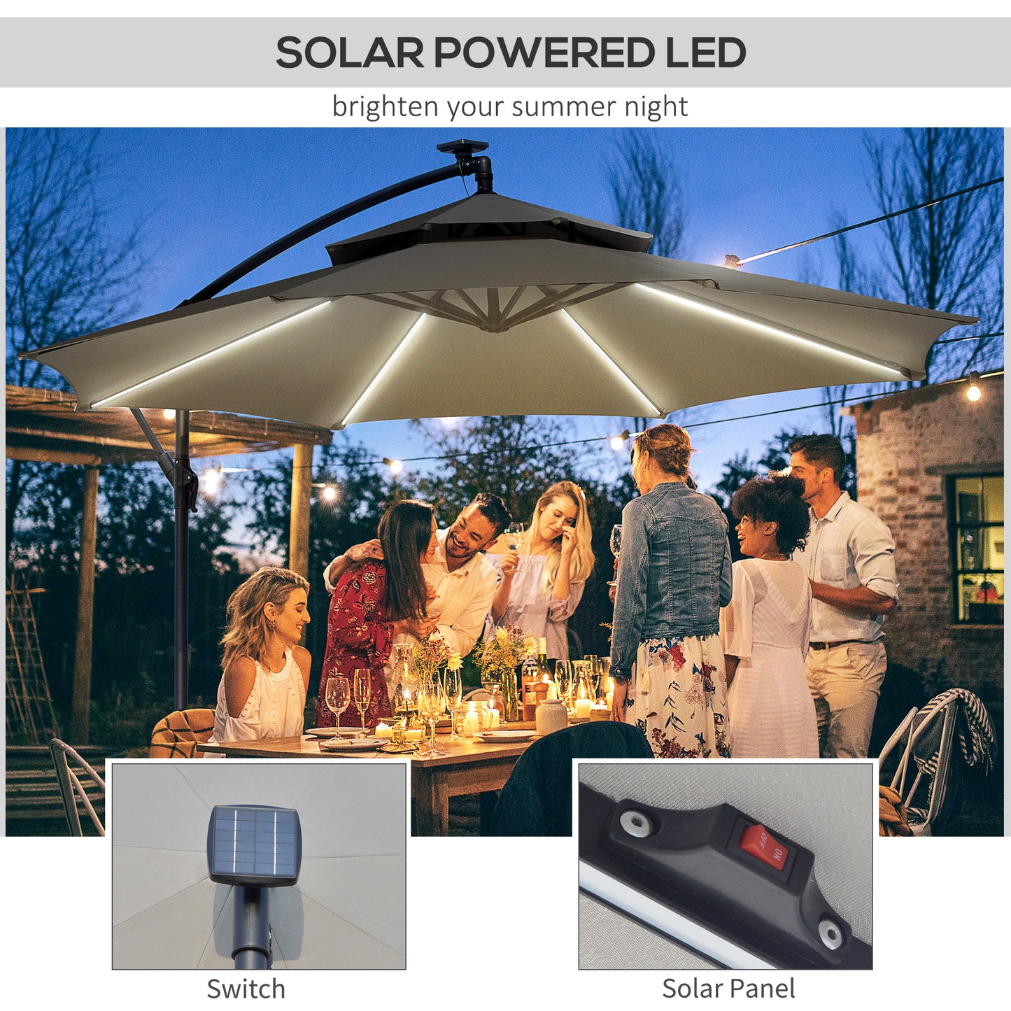 10FT Cantilever Patio Umbrella with Lights Solar Powered Offset Umbrella with Crank and Cross Base for Deck Light Grey