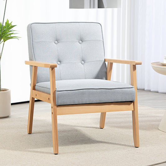 Modern Fabric Armchair with Tufted Back, Wood Legs and Thick Padding, in Light Grey