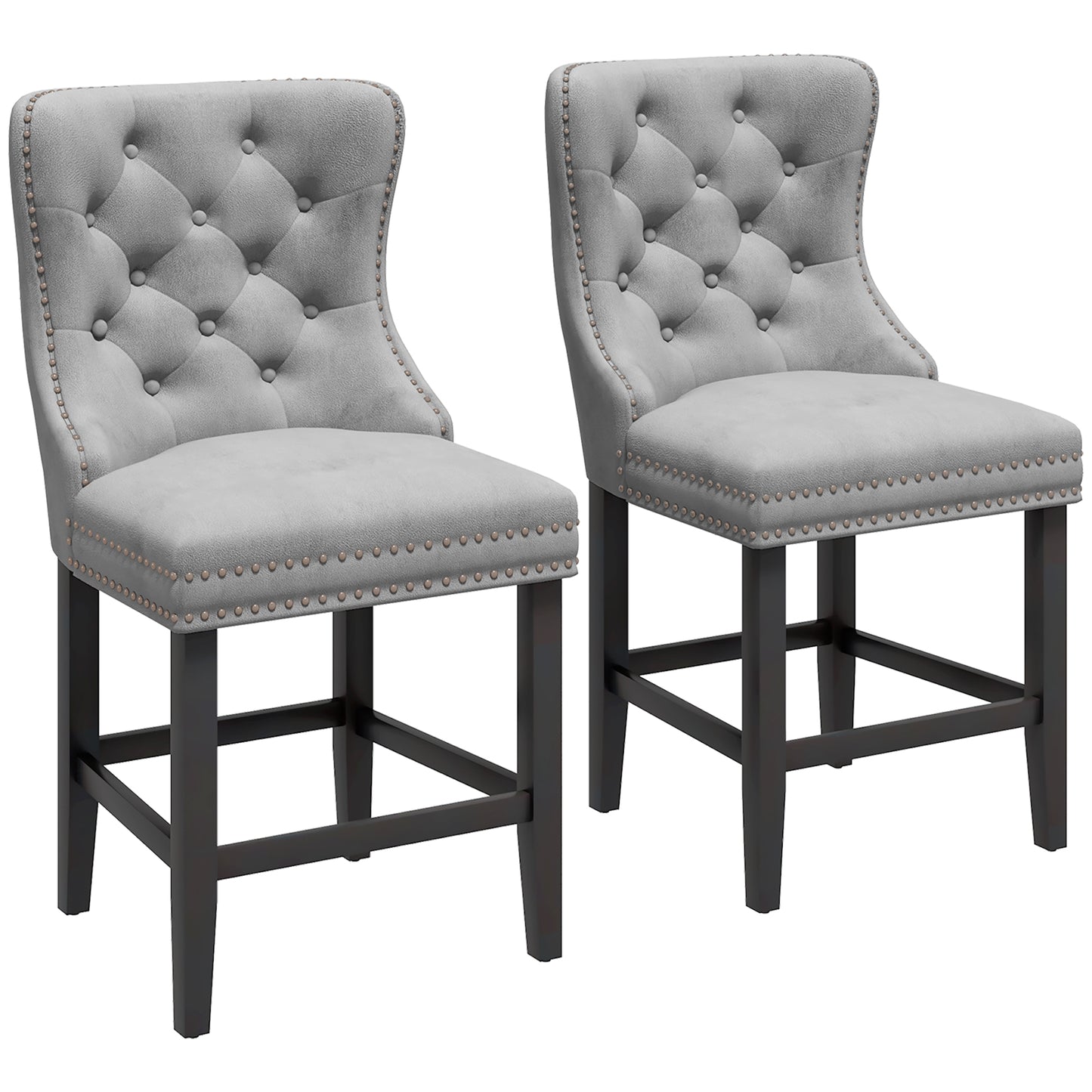 Upholstered Fabric Bar Stool Set of 2, Button Tufted 25.6" Seat Height Counter Chairs with Back & Wood Legs, Grey