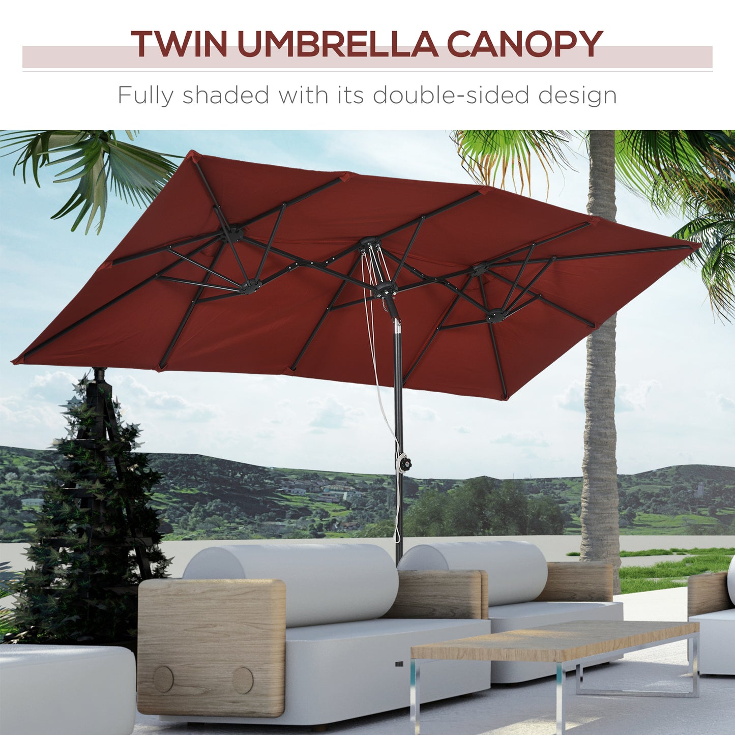 Double-Sided Patio Umbrella Parasol with Tilt, Adjustable Height, Vents and 12 Ribs, for Garden, Deck, Pool, Wine Red