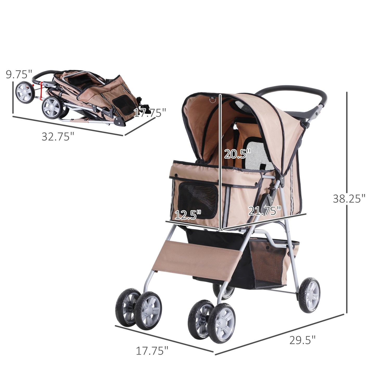 4 Wheel Dog Pet Stroller Dog Cat Carrier Folding Sunshade Canopy with Brake, Brown