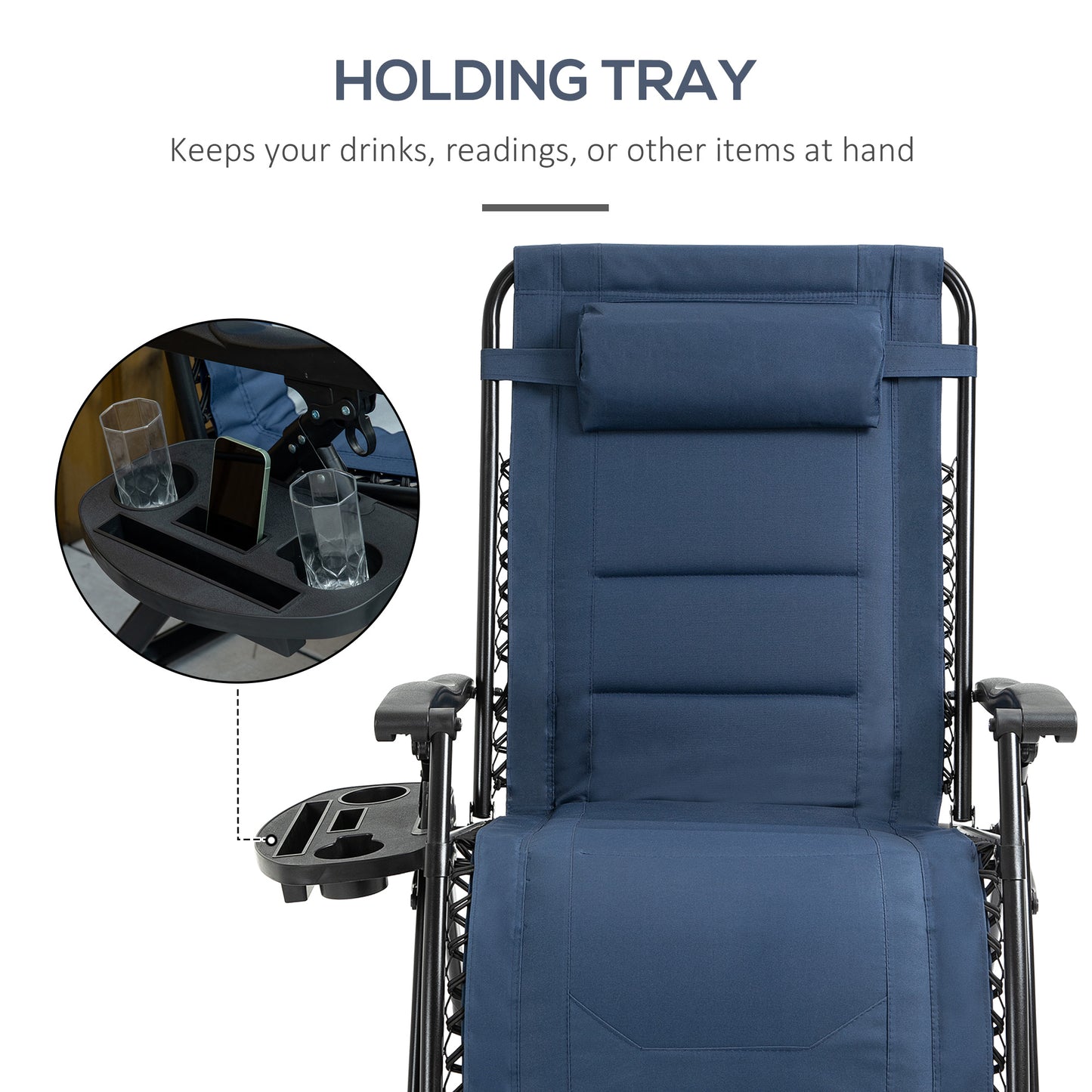 Zero Gravity Lounger Chair, Padded Folding Reclining Patio Chair with Cup Holder, Headrest, for Poolside, Camping, Blue