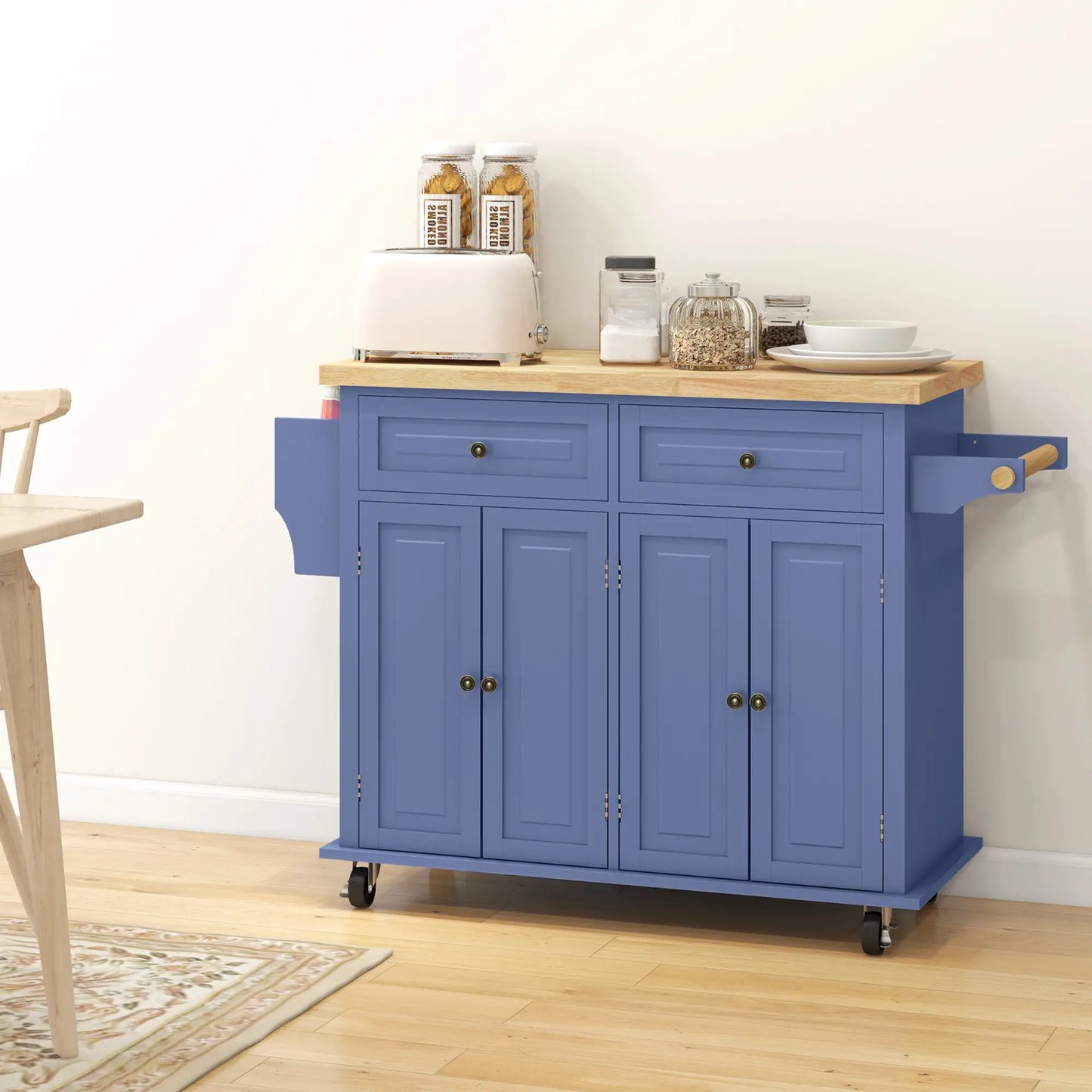 Kitchen Island with Storage, with Rubber Wood Top, Spice Rack, Towel Rack, Navy Blue