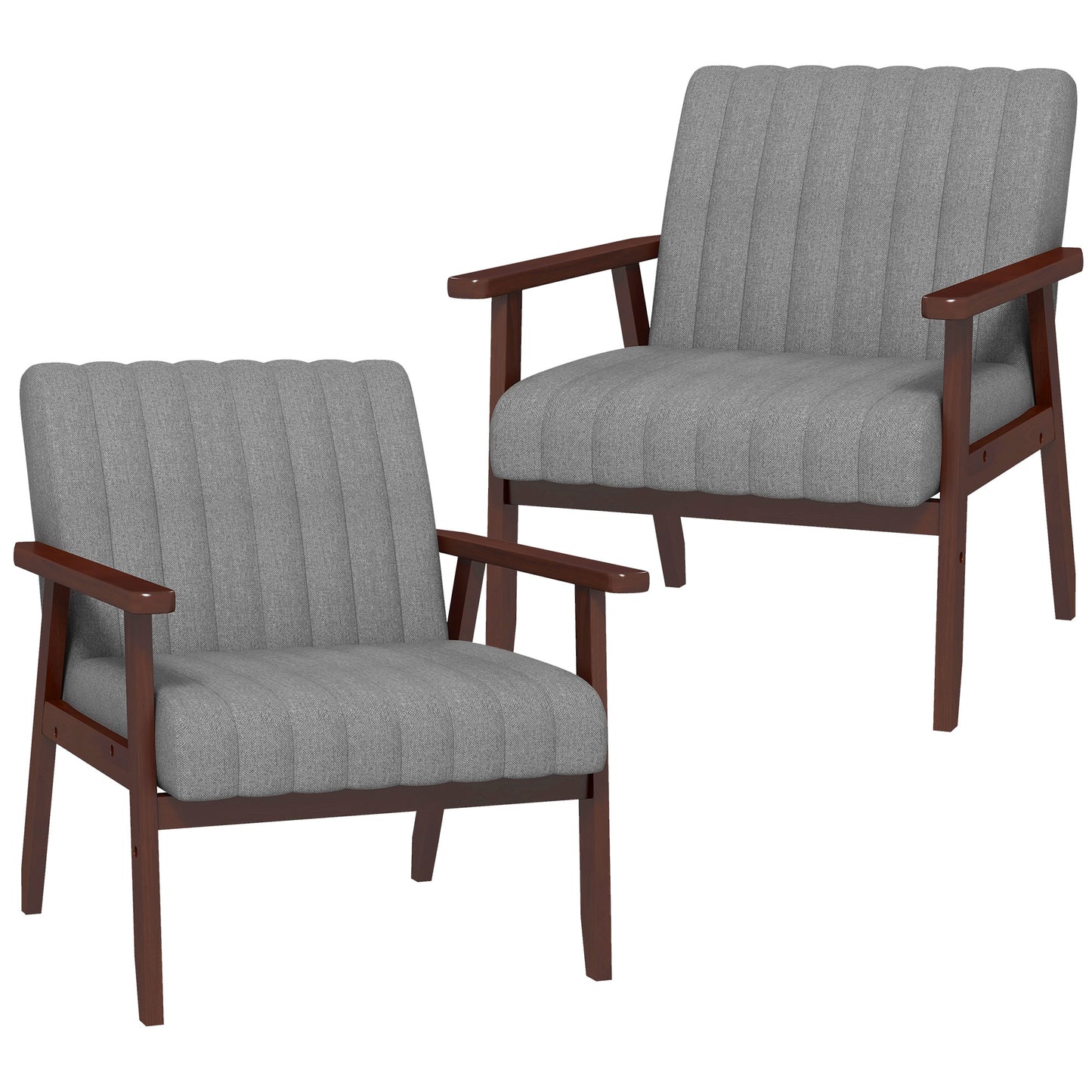 Set of 2 Modern Upholstered Armchairs with Wooden Legs and Tufting Design, in Grey