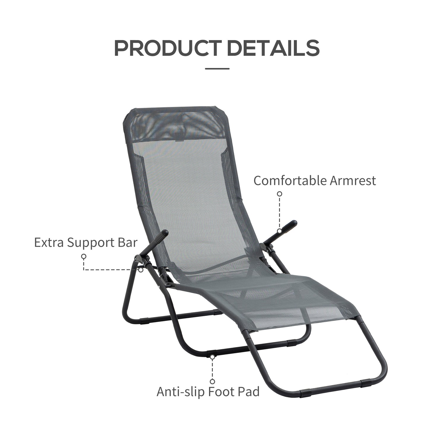 Foldable Patio Lounge Chair, Outdoor Beach Lounger with Breathable Mesh Fabric, Zero Gravity Chair with Rocking Function, Footrests, and Armrests, for Garden, Pool, Grey