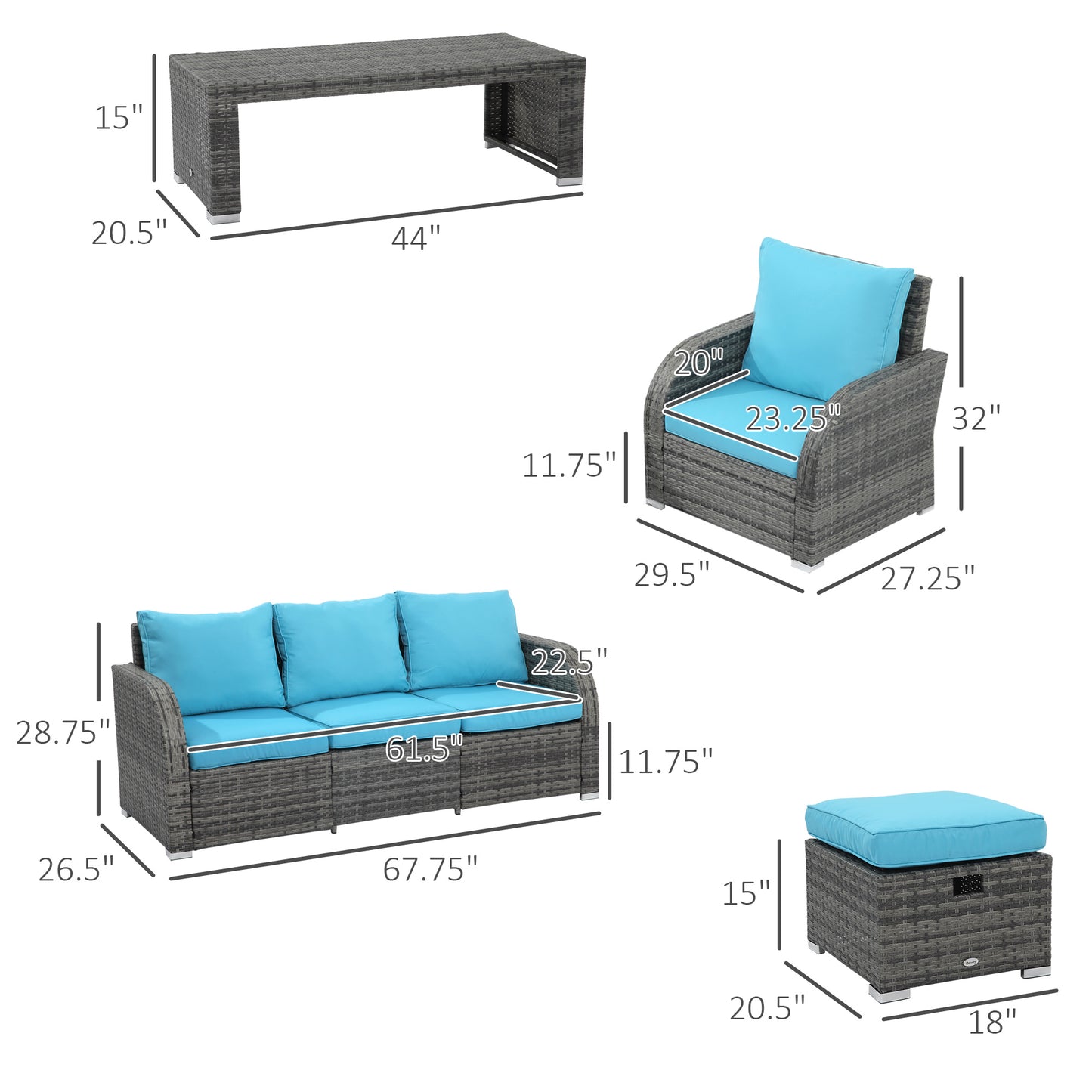 6 Pieces Patio Furniture Set, Conversation Set Wicker Sectional Set Cushioned Outdoor Rattan 3-Seat Sofa, 2 Adjustable Recliners, 2 Footstools & Table Set for Lawn Garden Backyard, Sky Blue