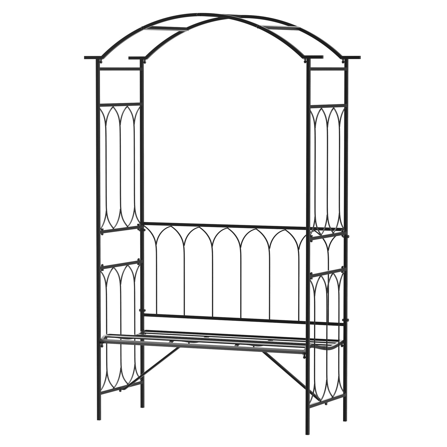 80" Tall Fairy Garden Arbor Arch with Bench Metal Outdoor Plant Climbing Support Trellis with 2 Seater Bench for Rose Vines Black