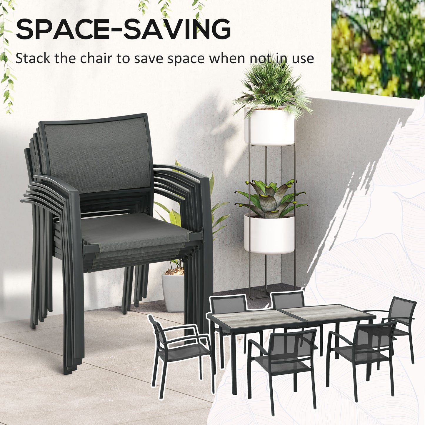 7 Pieces Outdoor Dining Set with 6 Stackable Chairs, Patio Table and Chairs with Plastic Top, Breathable Mesh Seat Back