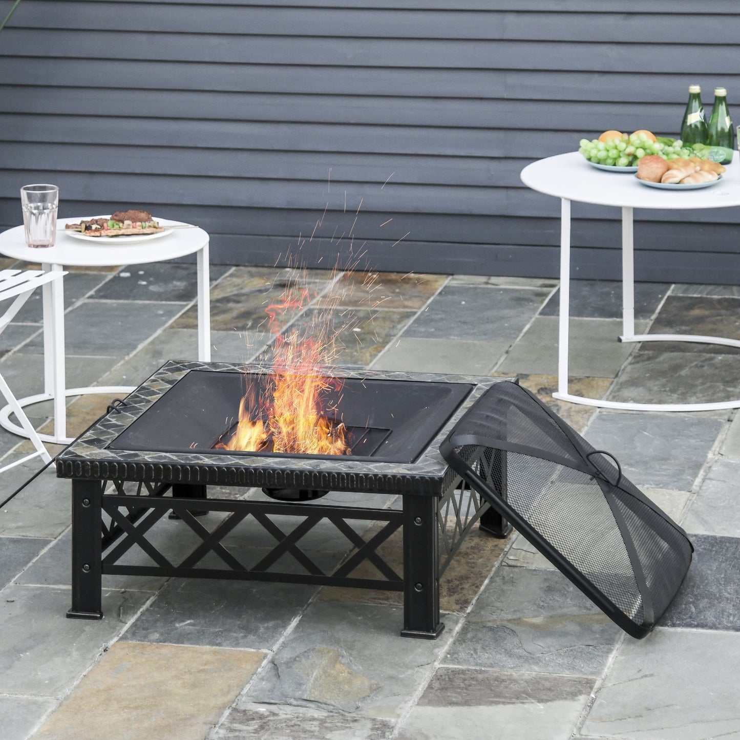 Outsunny 30" Outdoor Steel Square Firepit Square Stove with Spark Screen Cover, Log Grate, Poker, Grill Net for Patio