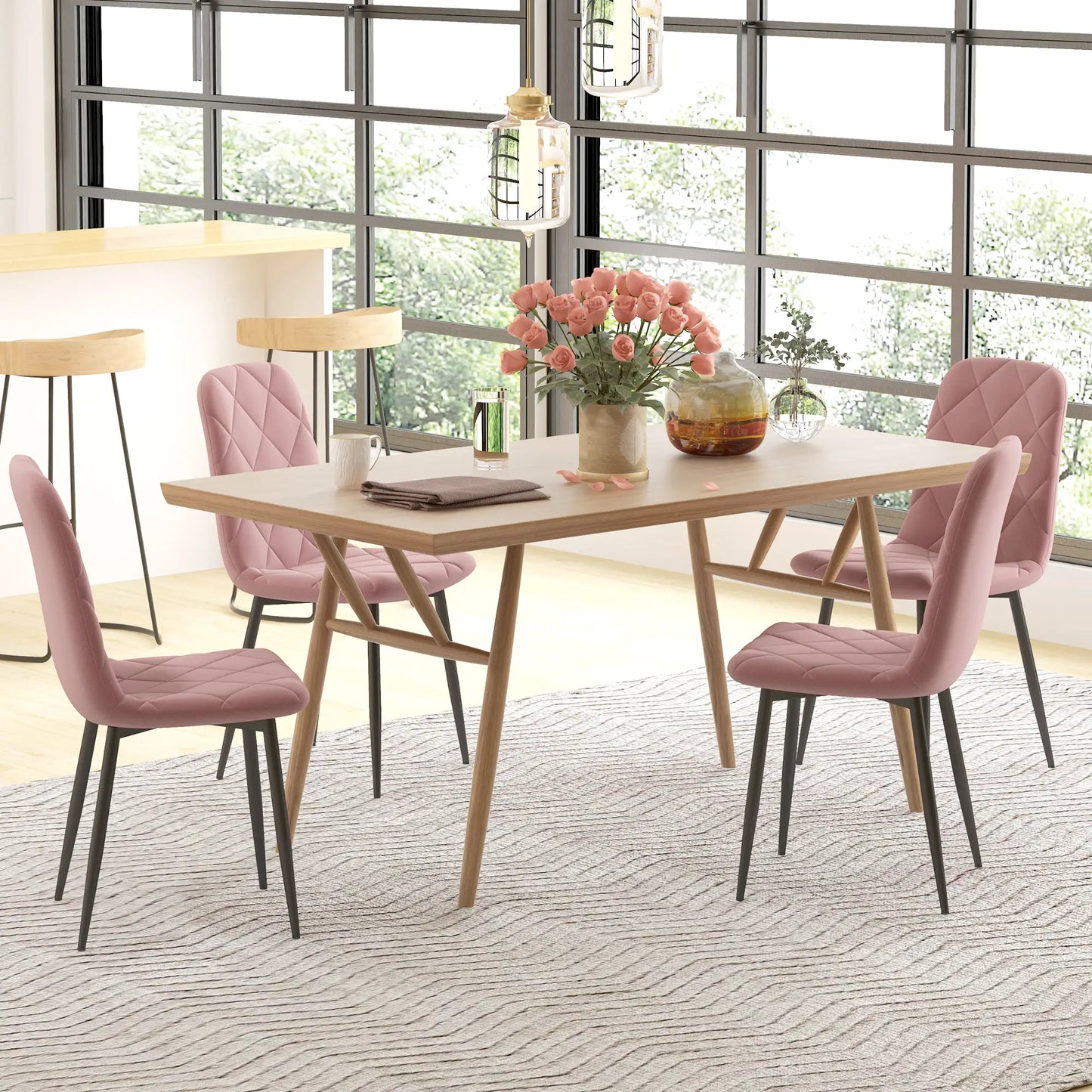 Set of 4 Dining Chair, Upholstered with Steel Legs, Pink