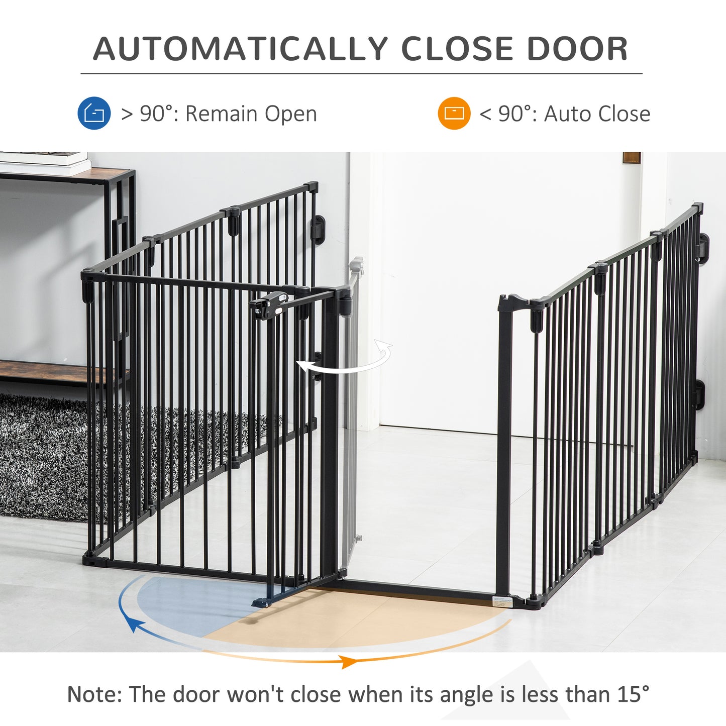 PawHut 30" Pet Safety Gate 8-Panel Playpen Fireplace Christmas Tree Steel Fence Stair Barrier Room Divider with Walk Through Door Automatically Close Lock Black