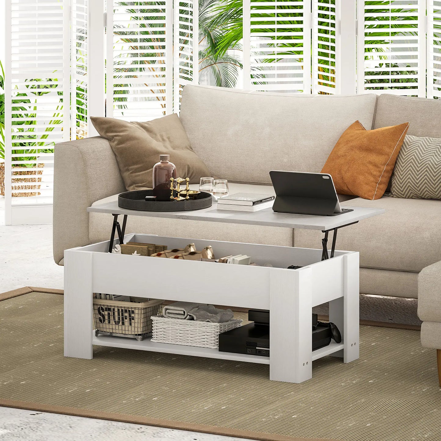 Lift Top Coffee Table with Hidden Storage Compartment and Open Shelf, White