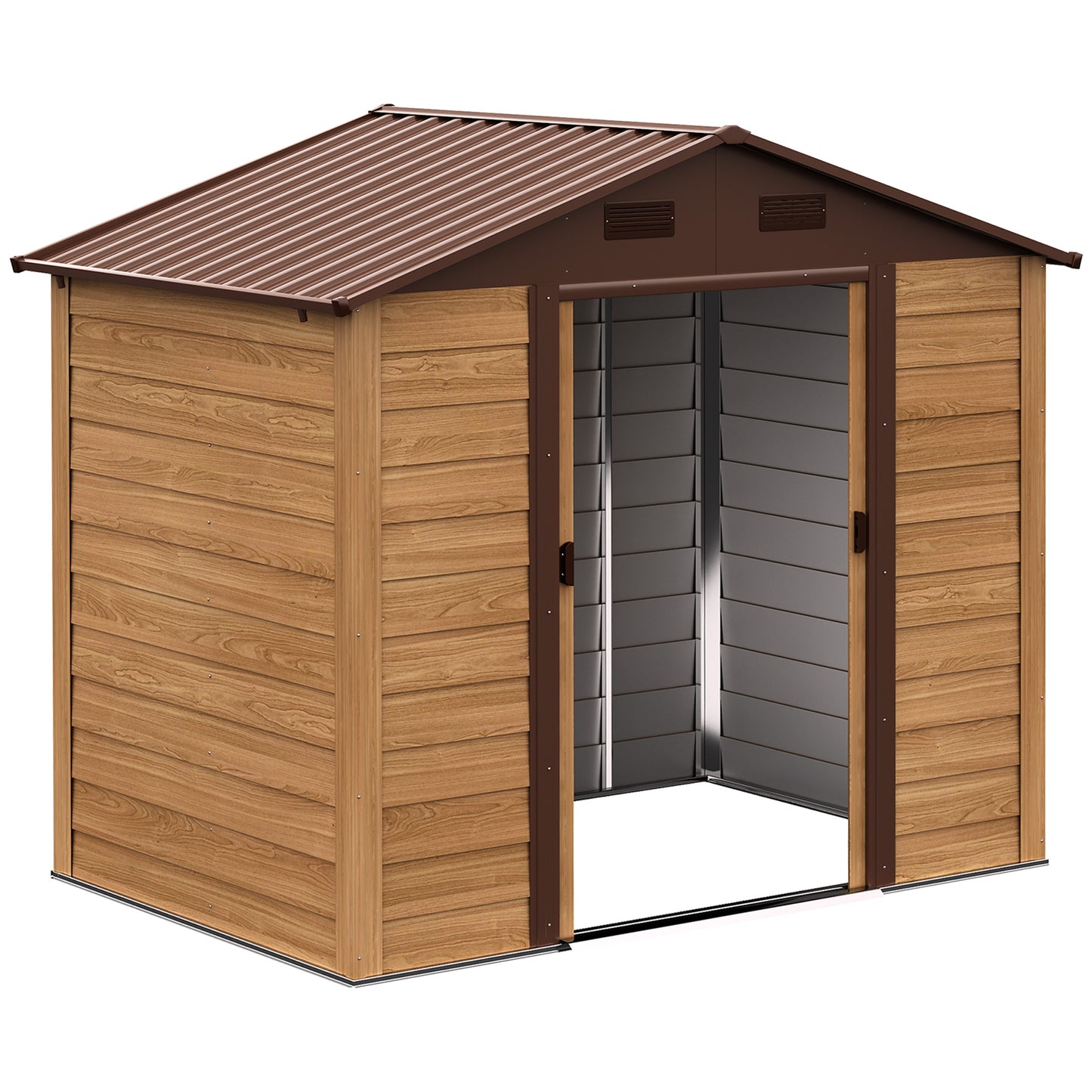 6.4' x 7.7' Outdoor Metal Garden Shed House Hut Gardening Tool Storage with Ventilation, Brown with Wood Grain