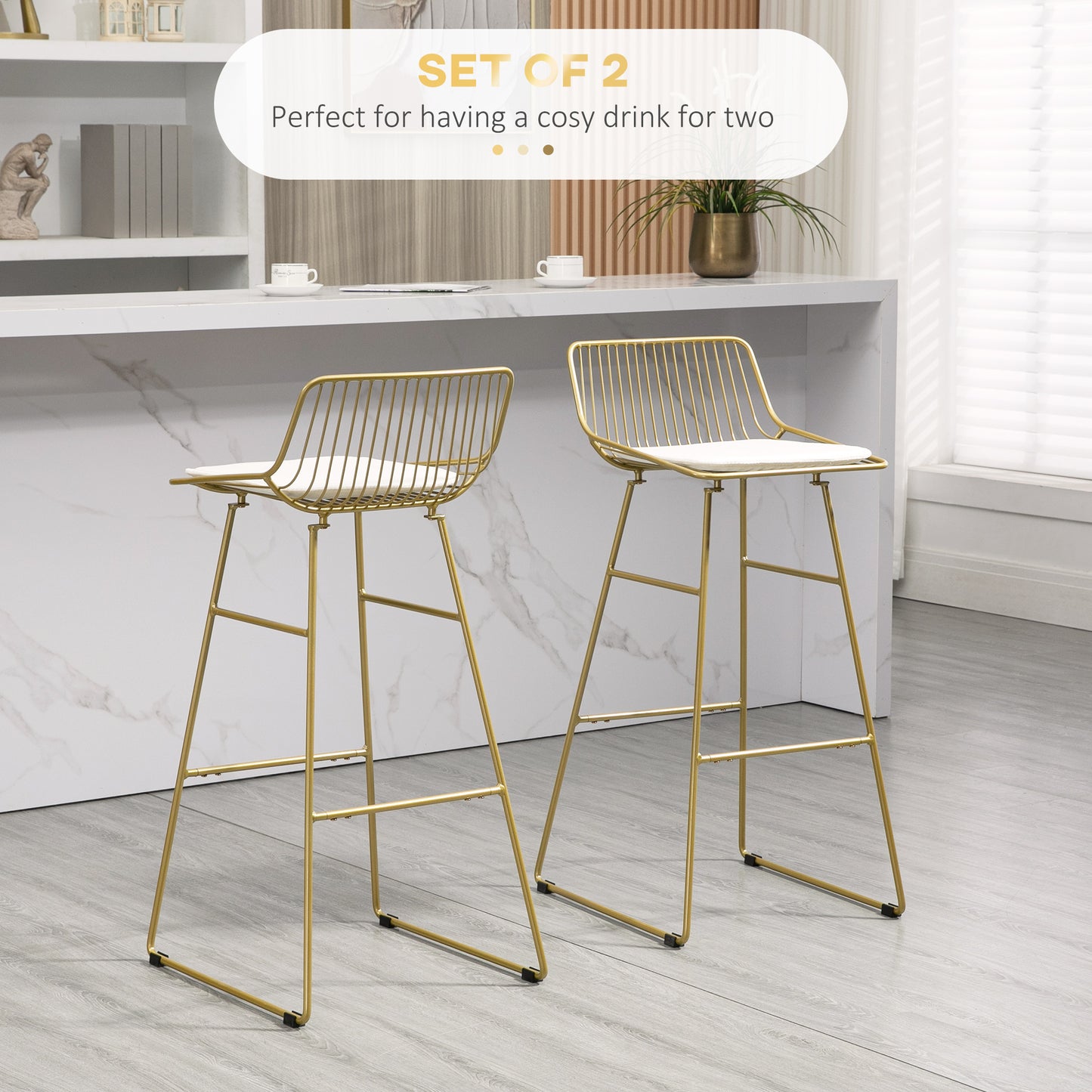 Bar Stools Set of 2, Metal Wire Bar Height Barstools, Bar Chairs for Kitchen with Removable Cushion, Back and Footrest, Gold