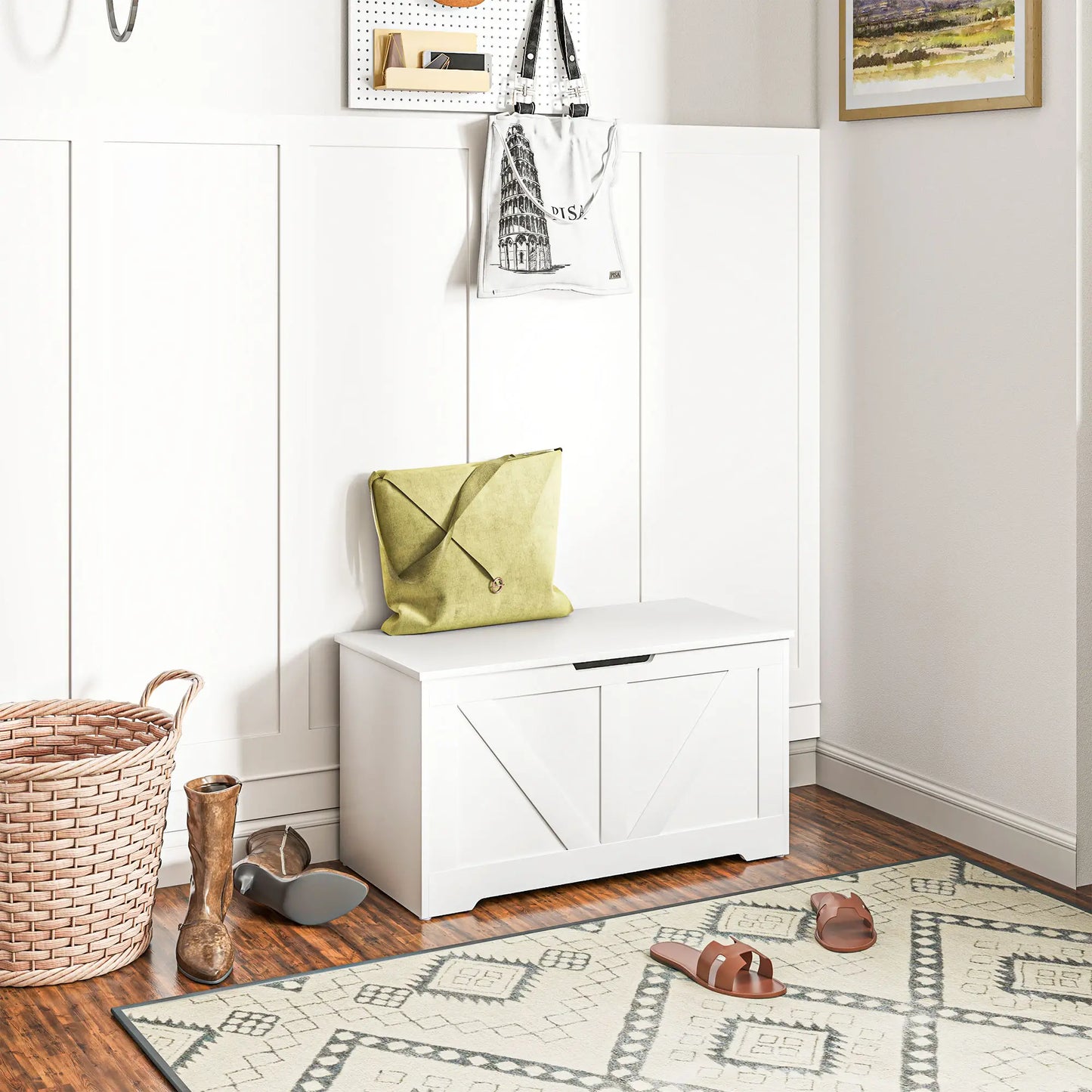 31.5 Inches Storage Chest with 2 Safety Hinges in White Wood Grain