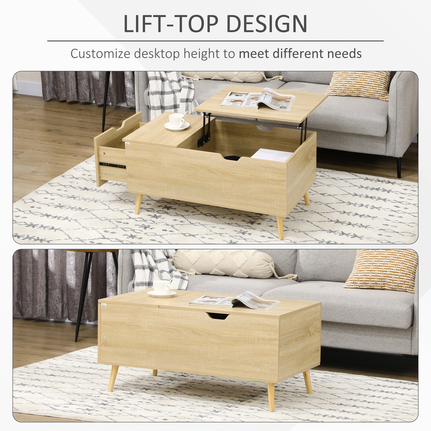 Coffee Table with Wood Legs, Lift Top Coffee Table with Drawer, Hidden Compartment, 38.6" x 21.3" x 18.9", Natural