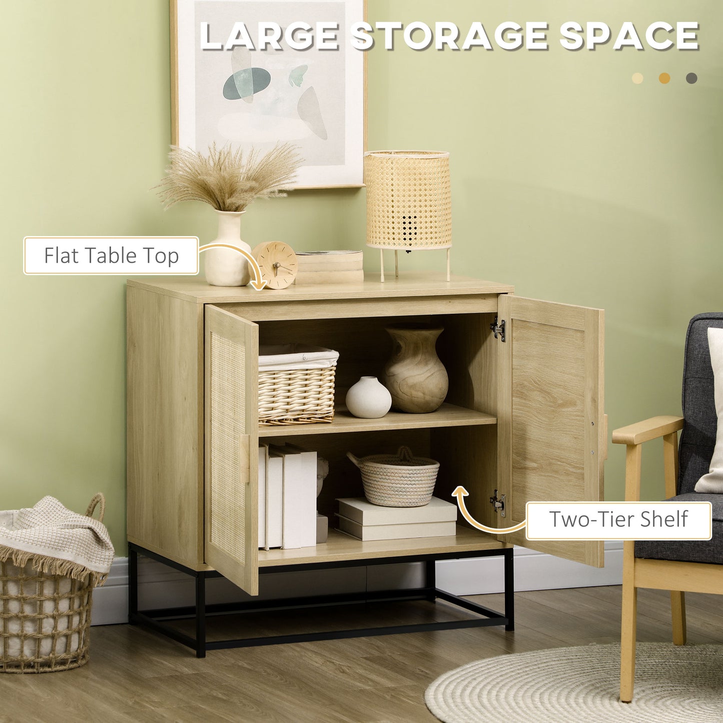 Sideboard Accent Storage Cabinet with 2 Rattan Doors Adjustable Shelf and Steel Legs for Living Room Kitchen