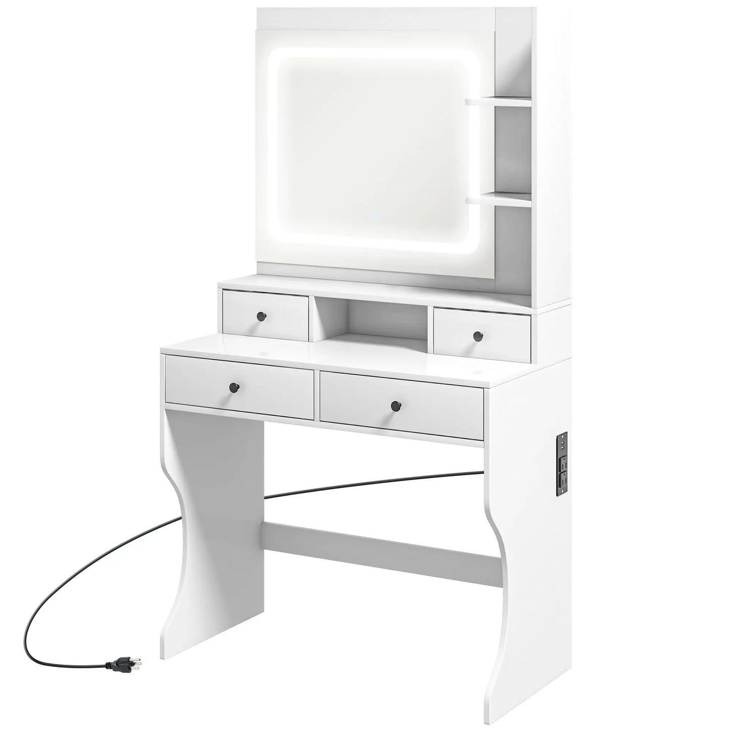 Vanity with Lighted Mirror, Charging Station, USB Ports, Drawers, Storage Shelves in White