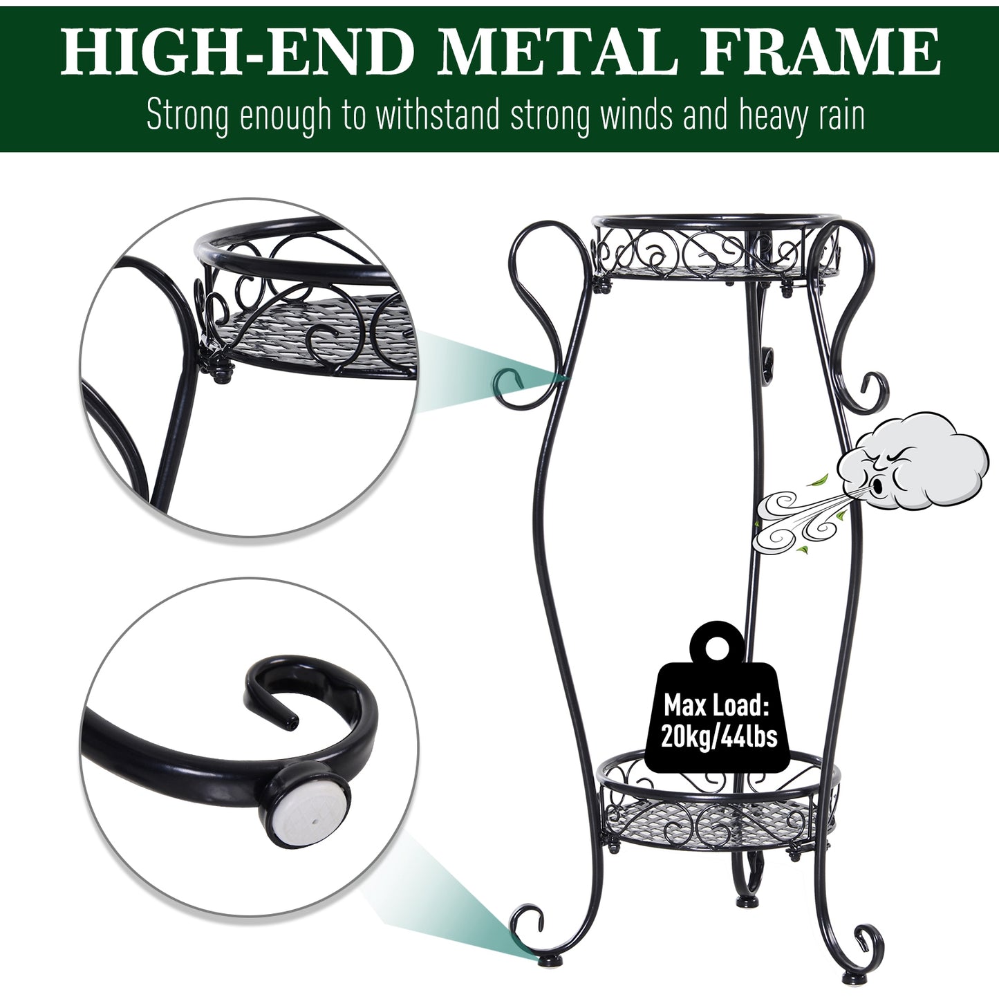 2 Shelf Flower Pot Stand 2-Tier Freestanding Plant Display Rack Indoor Outdoor Metal Easy to clean porch, patio, backyard