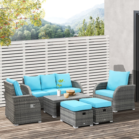 6 Pieces Patio Furniture Set, Conversation Set Wicker Sectional Set Cushioned Outdoor Rattan 3-Seat Sofa, 2 Adjustable Recliners, 2 Footstools & Table Set for Lawn Garden Backyard, Sky Blue