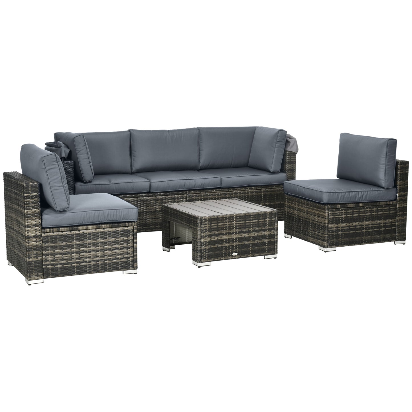 4 Pieces Patio Furniture Set, Rattan Wicker Outdoor Sectional Sofa with Retractable Canopy, Cushions, 3-Seater Sofa for Backyard, Garden, Gray