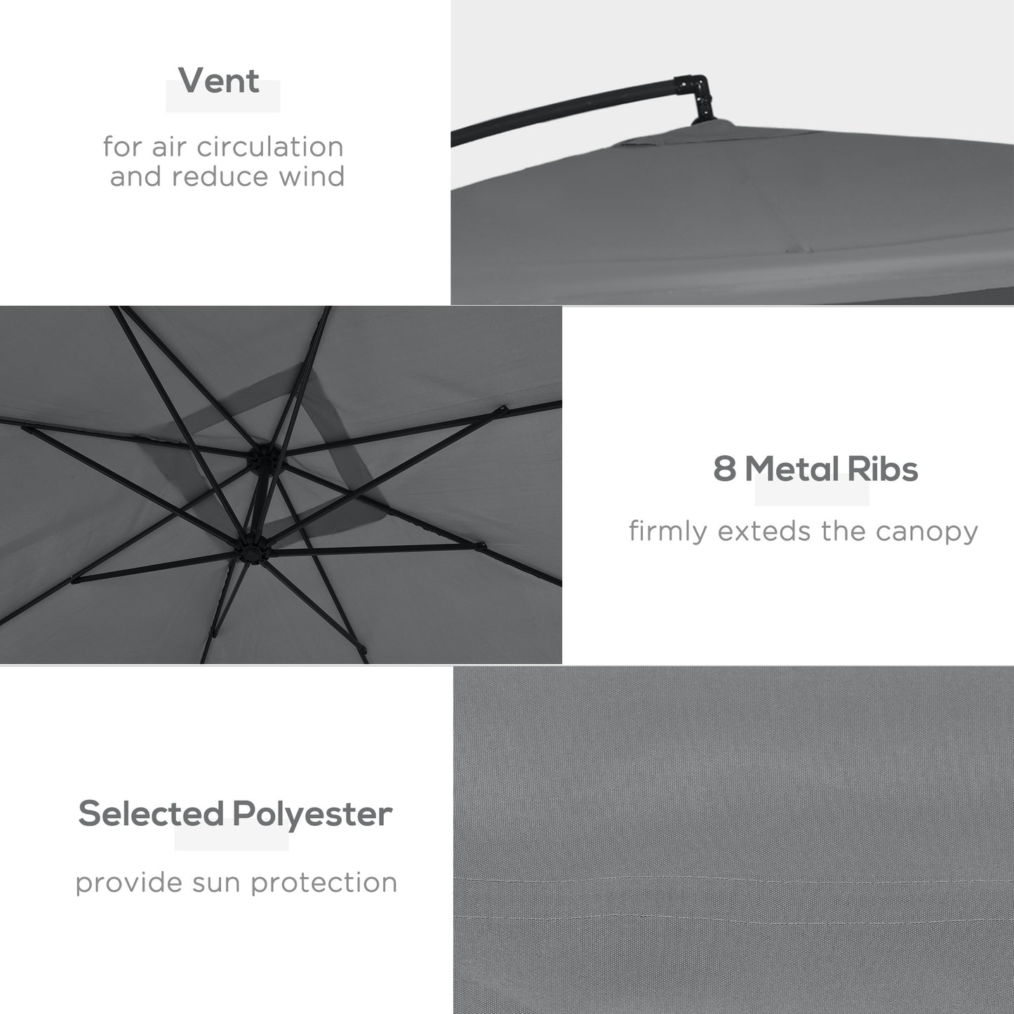 Offset Patio Umbrella with Net and Umbrella Base, Adjustable Cantilever Canopy with Cross Base, Weight Plates and 8 Ribs for Backyard, Poolside, Garden, Dark Grey