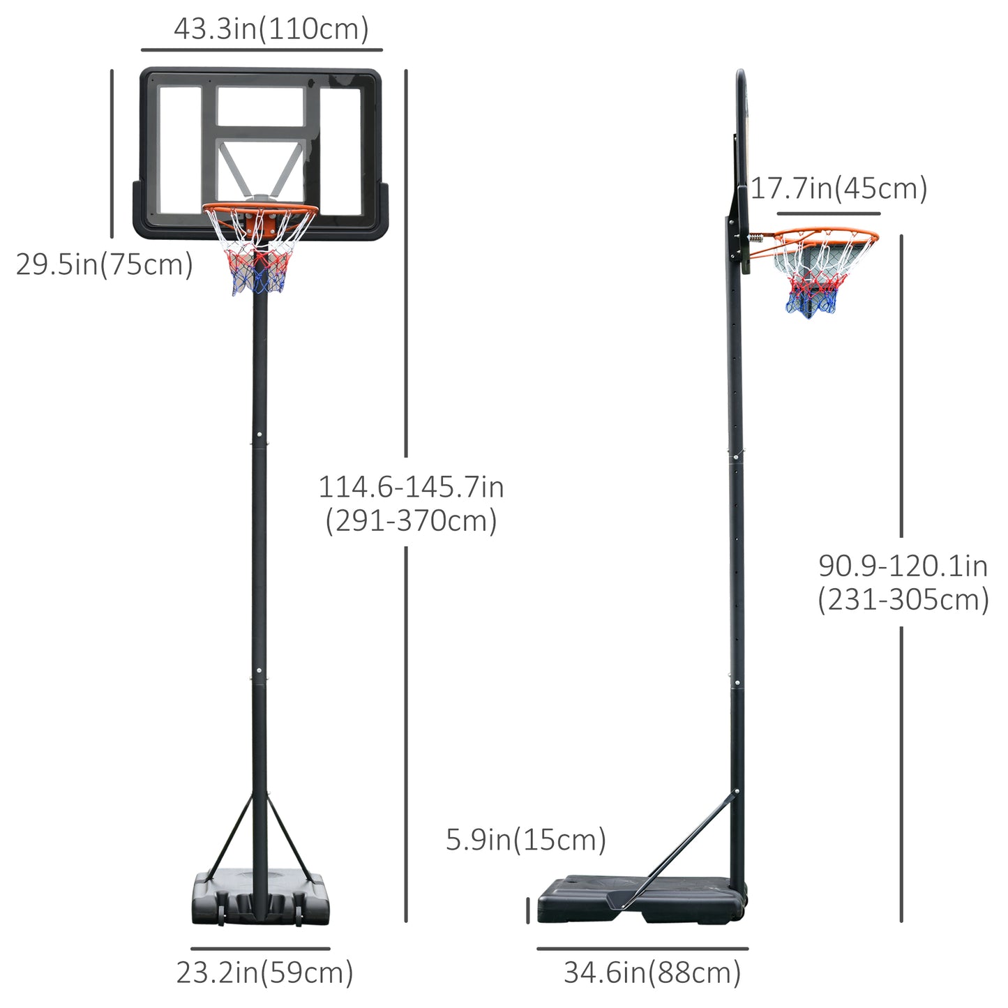 Portable Basketball Hoop, 8ft-10ft Height Adjustable Basketball System with Wheels & 45" Backboard for Youth Junior