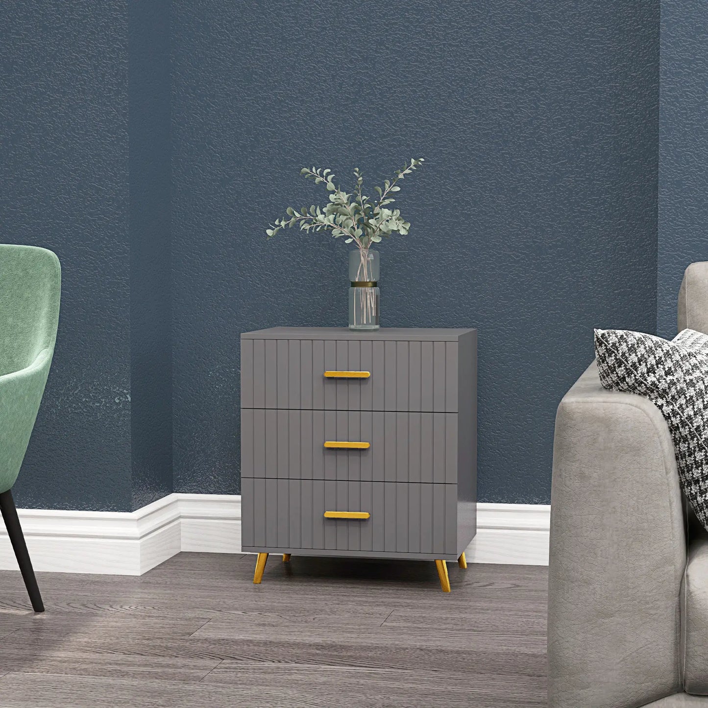 3 Drawer Drawer Chest with Aluminium Legs and Gold Handles, in Dark Grey