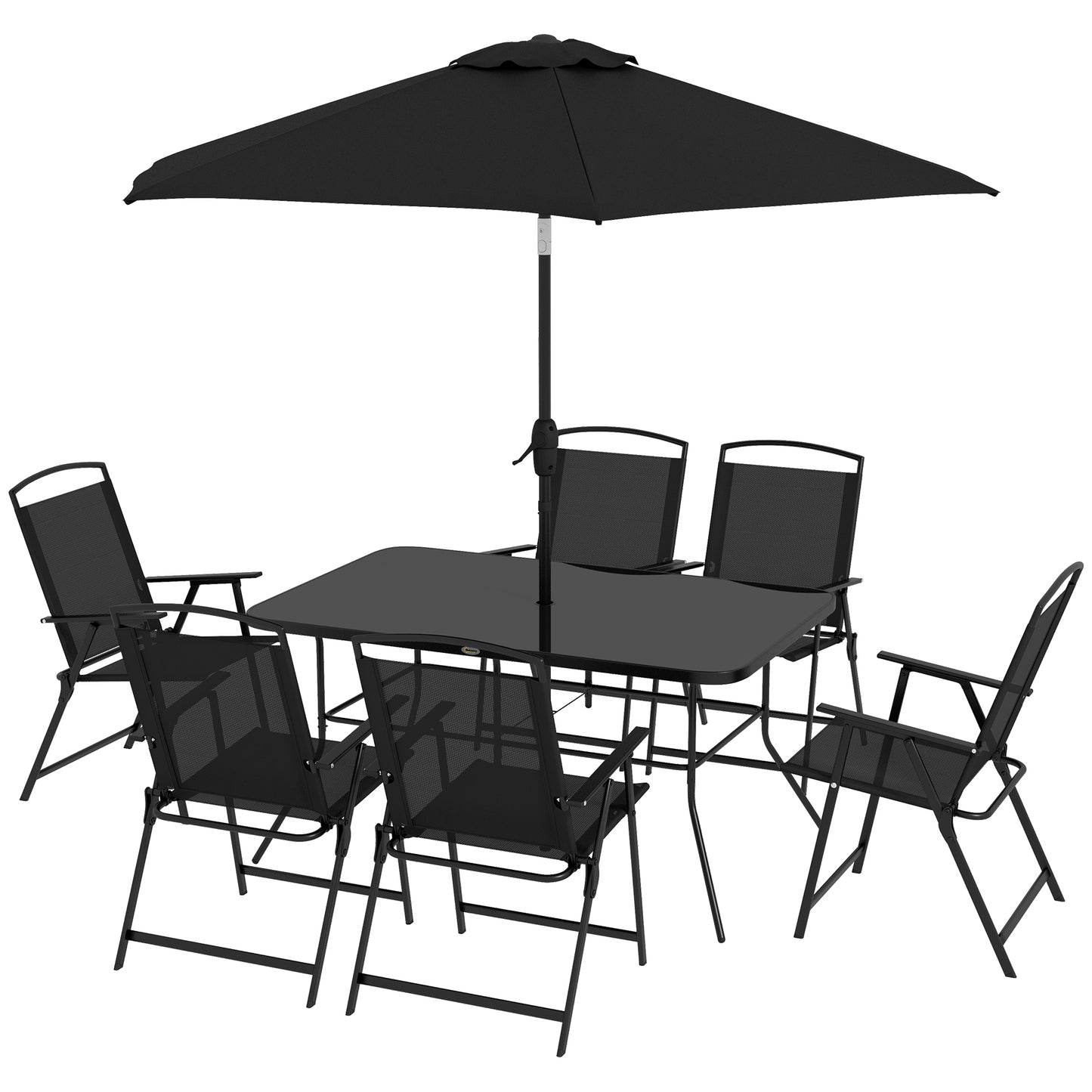 8 Piece Patio Set with Umbrella, 6 Folding Chairs, Rectangle Table, Set for 6 with Mesh Seat, Black