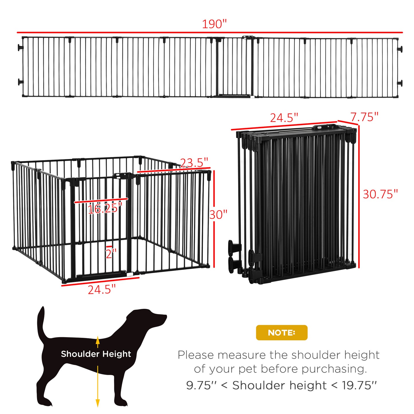 PawHut 30" Pet Safety Gate 8-Panel Playpen Fireplace Christmas Tree Steel Fence Stair Barrier Room Divider with Walk Through Door Automatically Close Lock Black