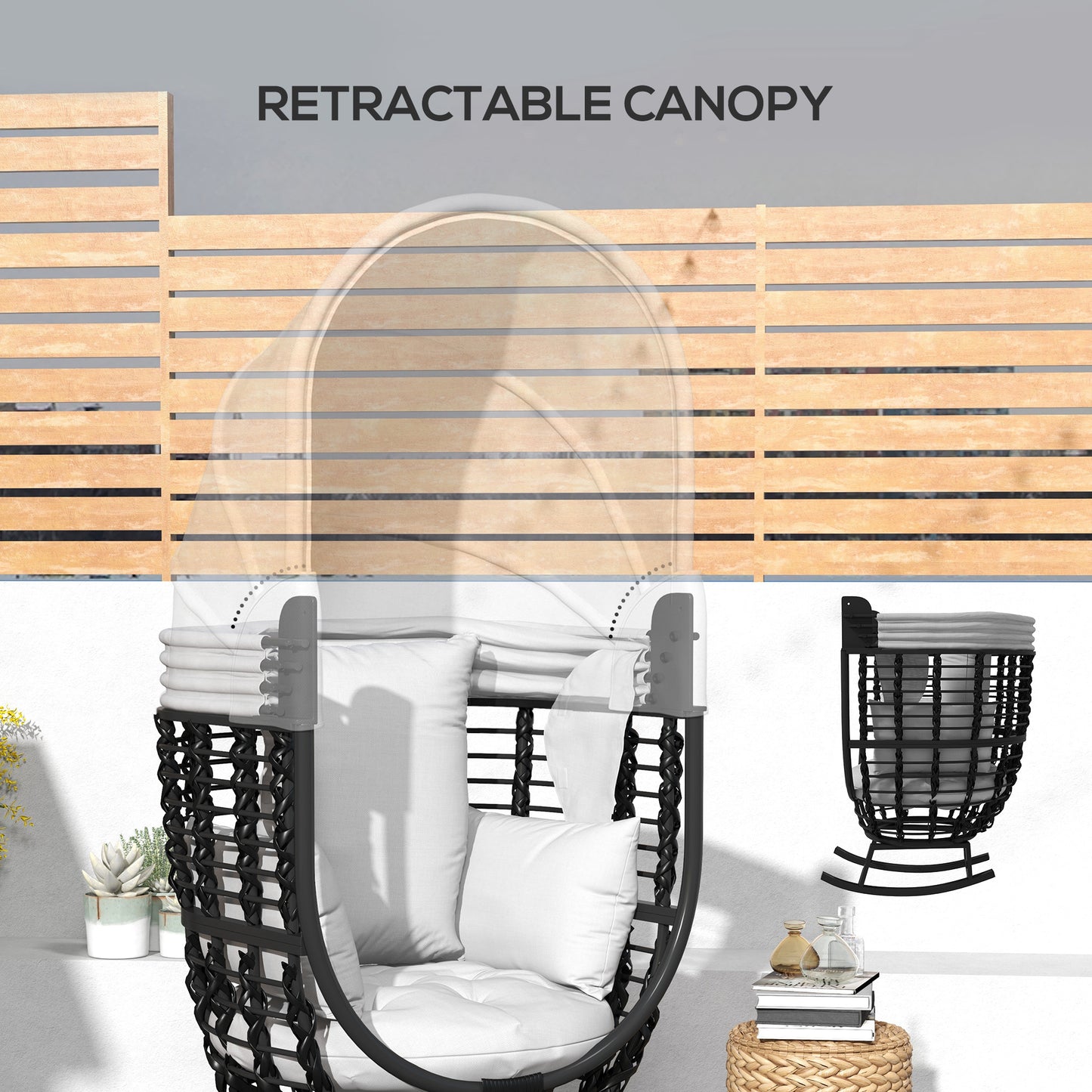 Outsunny Outdoor PE Rattan Rocking Chair with Retractable Canopy, Cushions, for Garden, Balcony, Porch, Patio, Grey