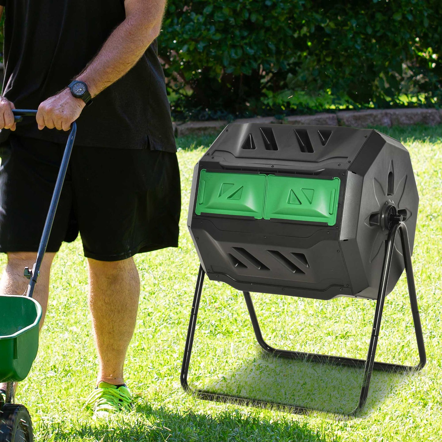 Tumbling Compost Bin Outdoor Dual Chamber 360° Rotating Composter 43 Gallon w/ Sliding Doors & Solid Steel Frame, Green